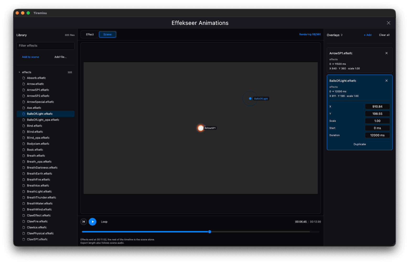 Effekseer scene composition: an overlay with numeric X, Y, scale, start and duration fields