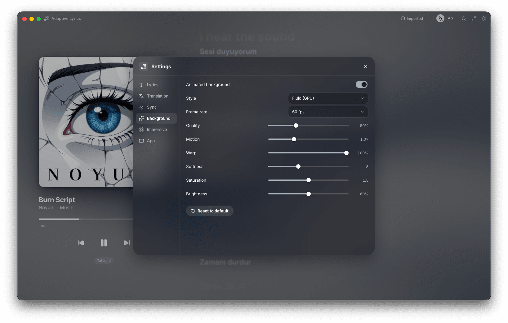 Adaptive Lyrics settings, Background tab: animated Fluid (GPU) background at 60 fps with quality, motion, warp, softness, saturation and brightness sliders