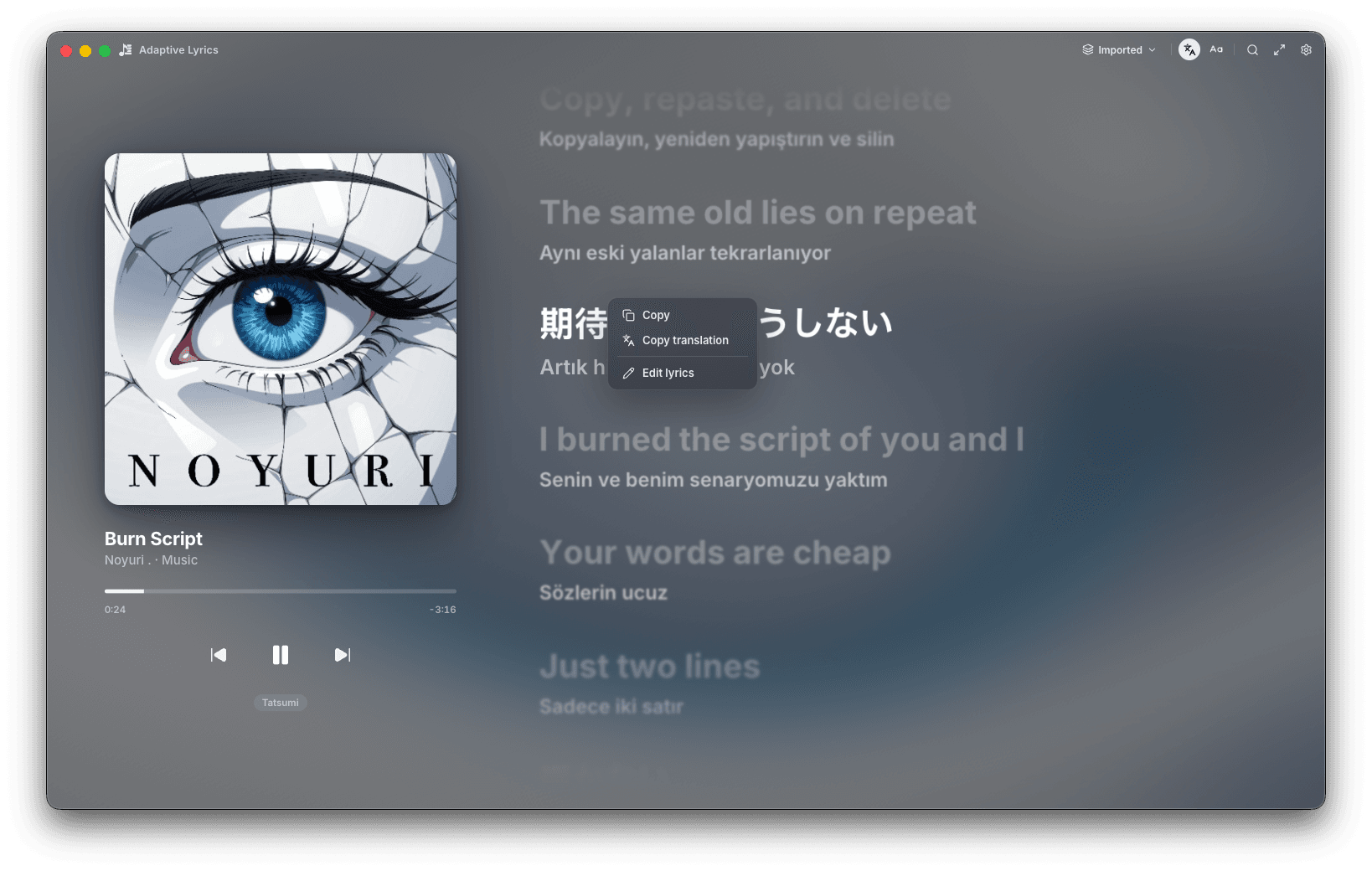 Right-click menu on a lyric line: Copy, Copy translation, Edit lyrics