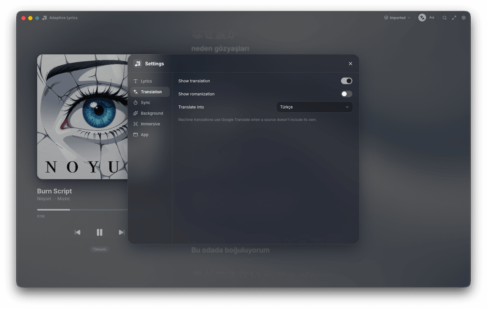 Adaptive Lyrics settings, Translation tab: show translation, show romanization, and Translate into Türkçe