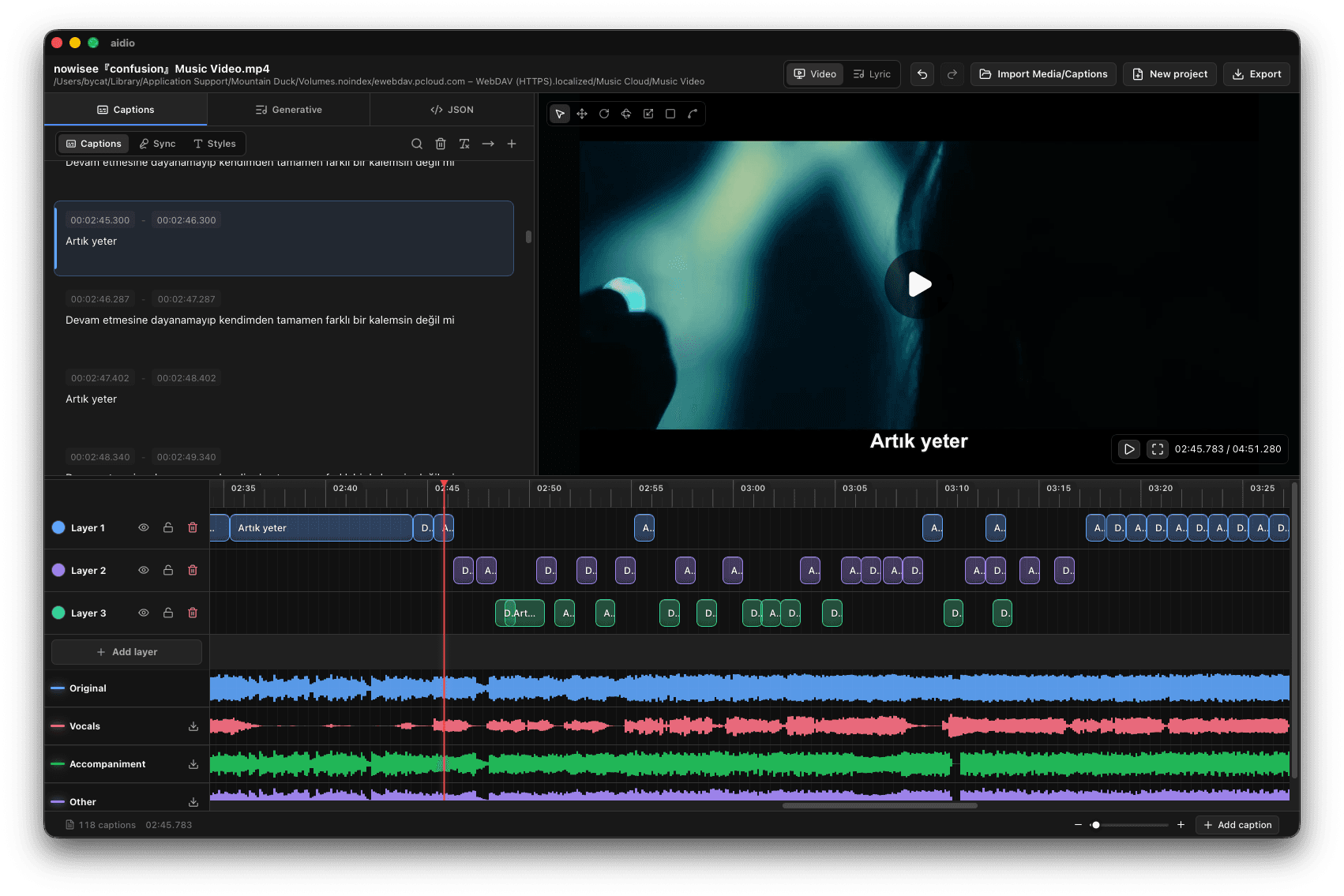Aidio caption list and editing timeline view