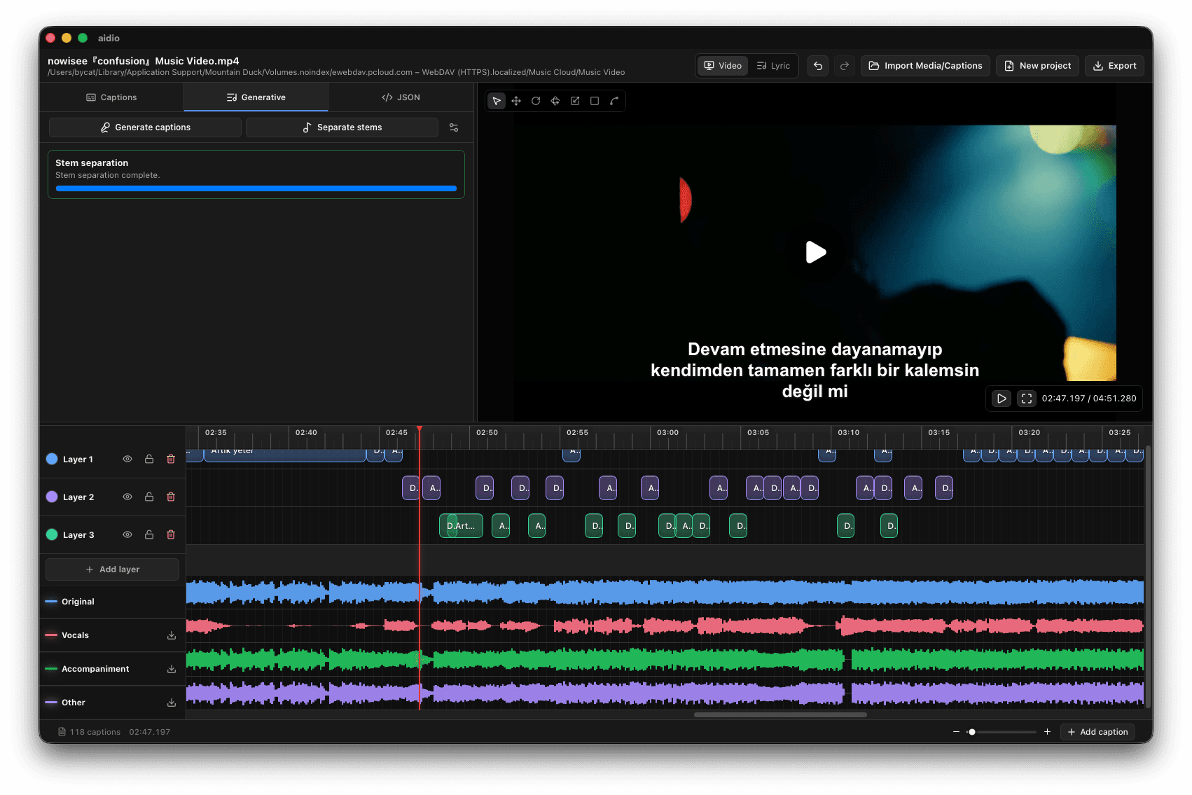 Aidio generative AI caption workspace and stem separator