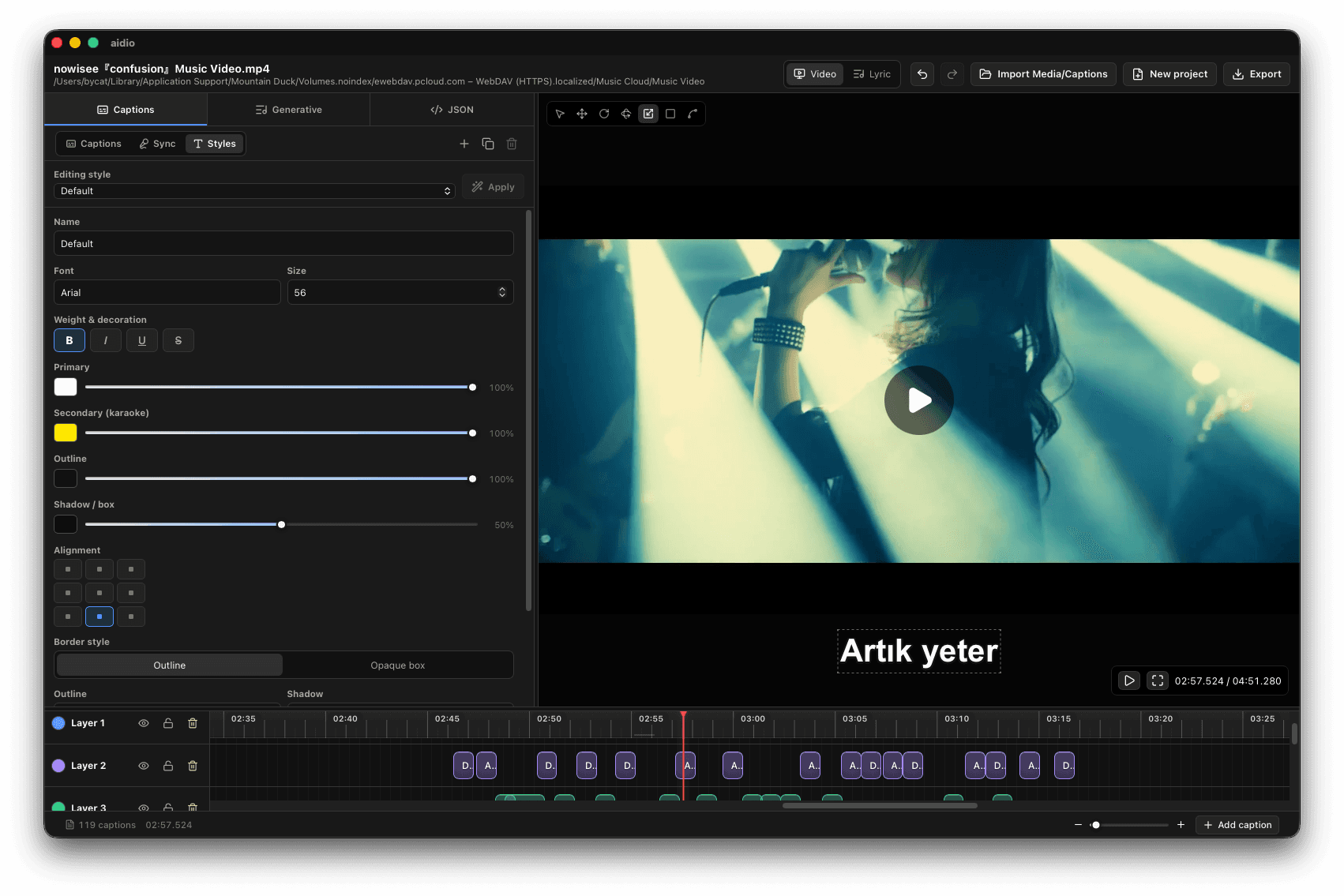 Aidio caption styling panel with typography and glow controls