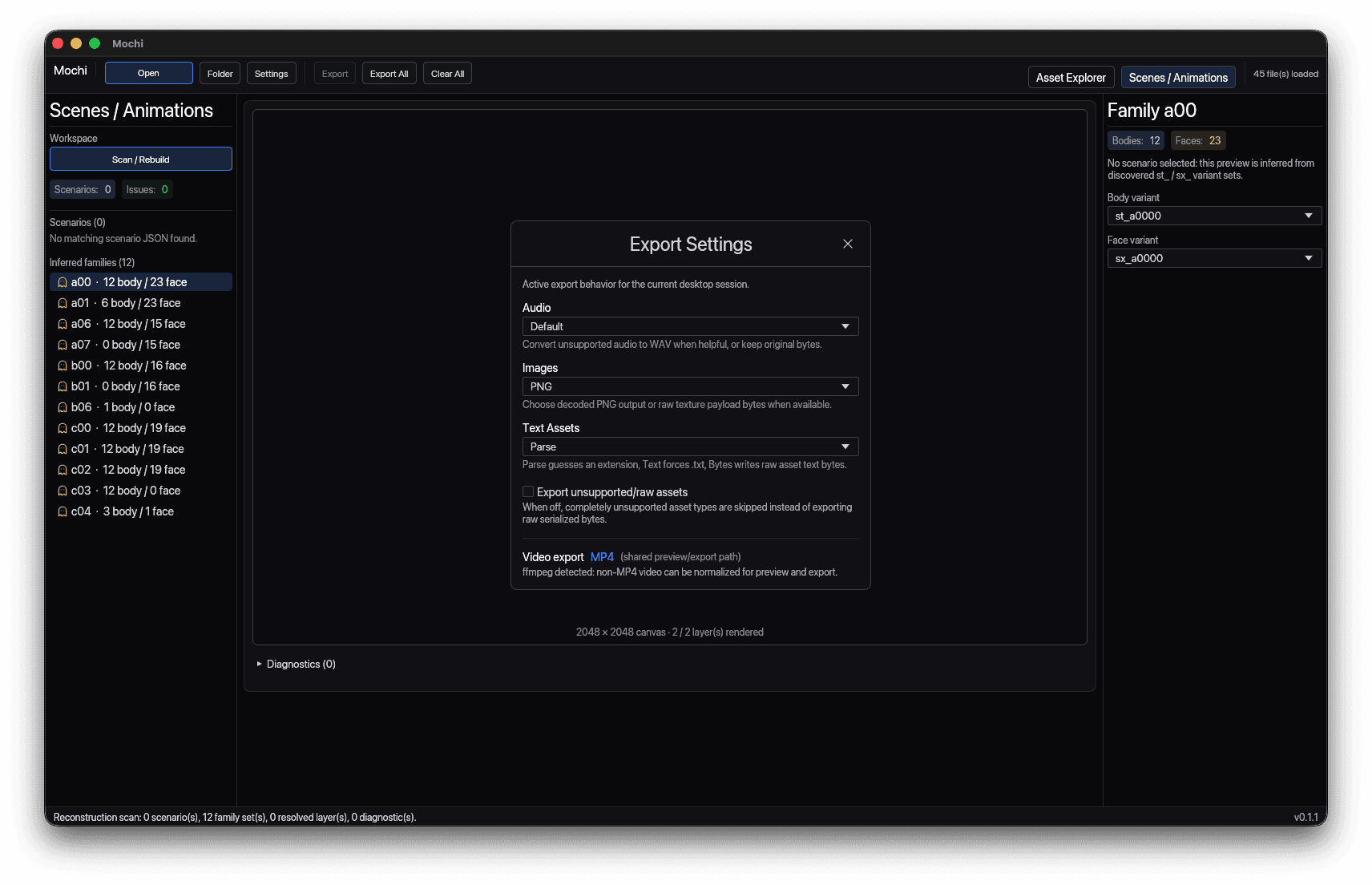 Mochi's Export Settings dialog with audio, image, text-asset, raw-asset and video options