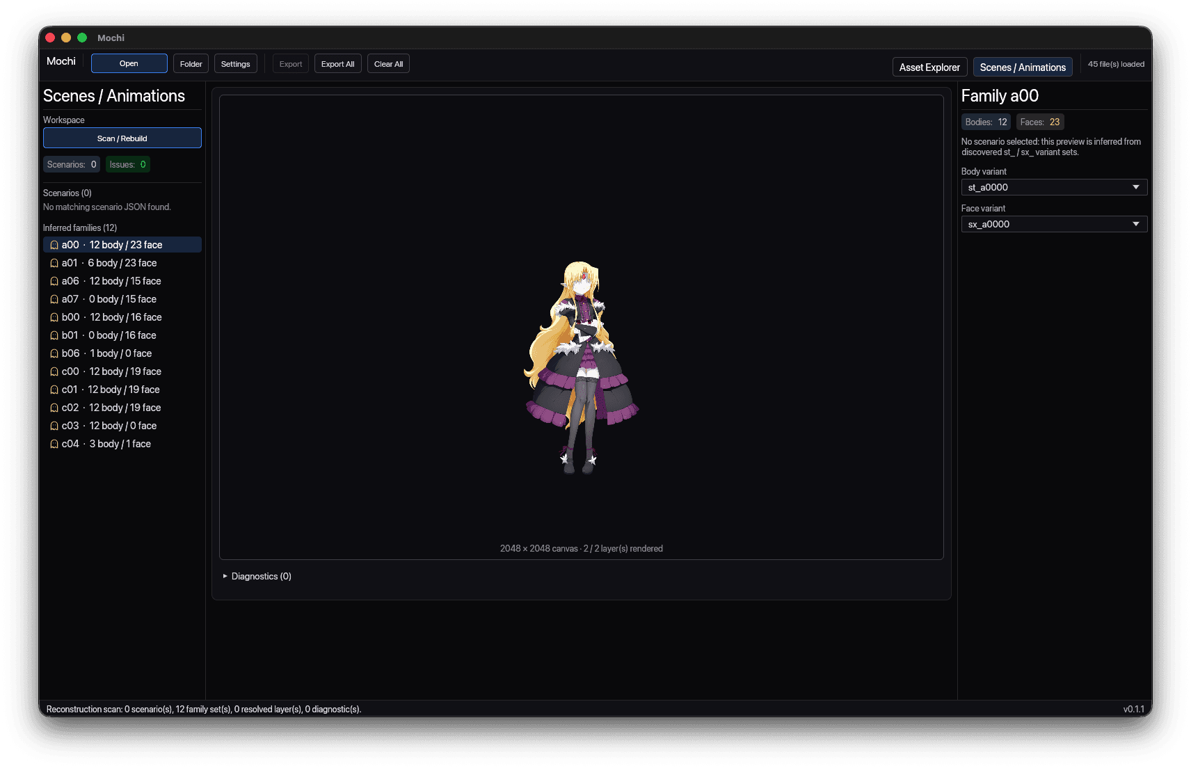 Mochi's Scenes / Animations workspace with a reconstructed character on the canvas