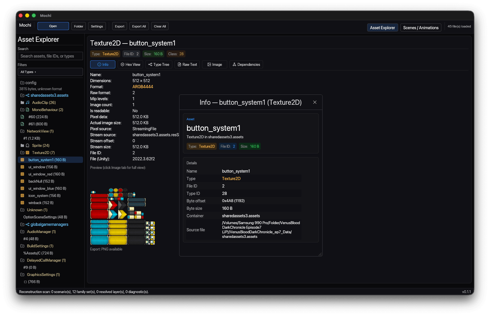 Mochi Asset Explorer showing sharedassets3.assets grouped by type, a sprite atlas preview and the Info popup for button_system1