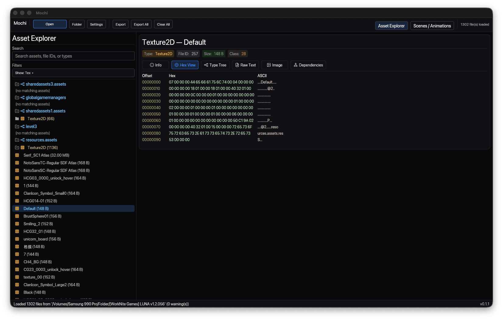 Mochi Hex View tab for the asset Default: offsets, hex columns and ASCII