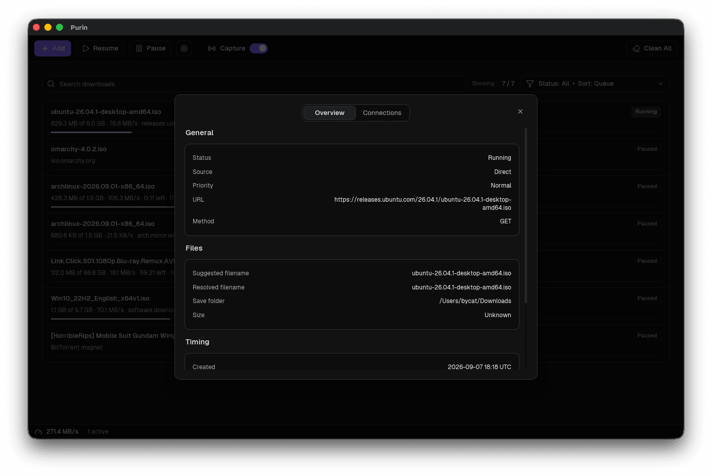 Purin job overview panel with general, files and timing details