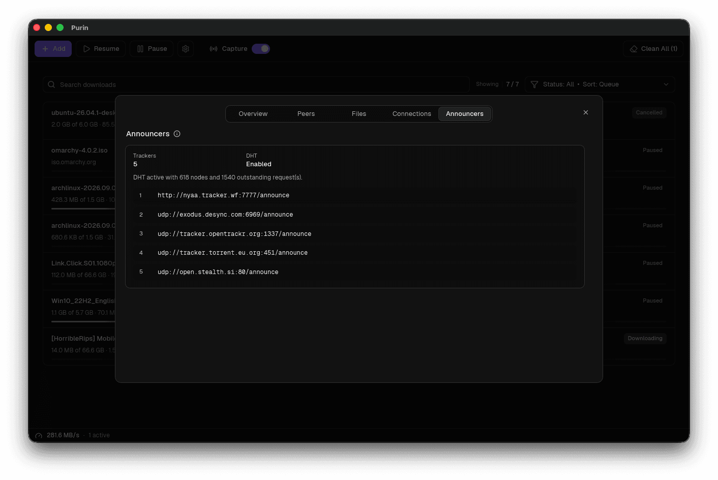 Purin torrent announcers tab listing trackers and DHT status