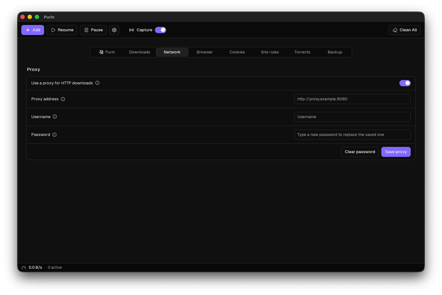 Purin network and proxy settings