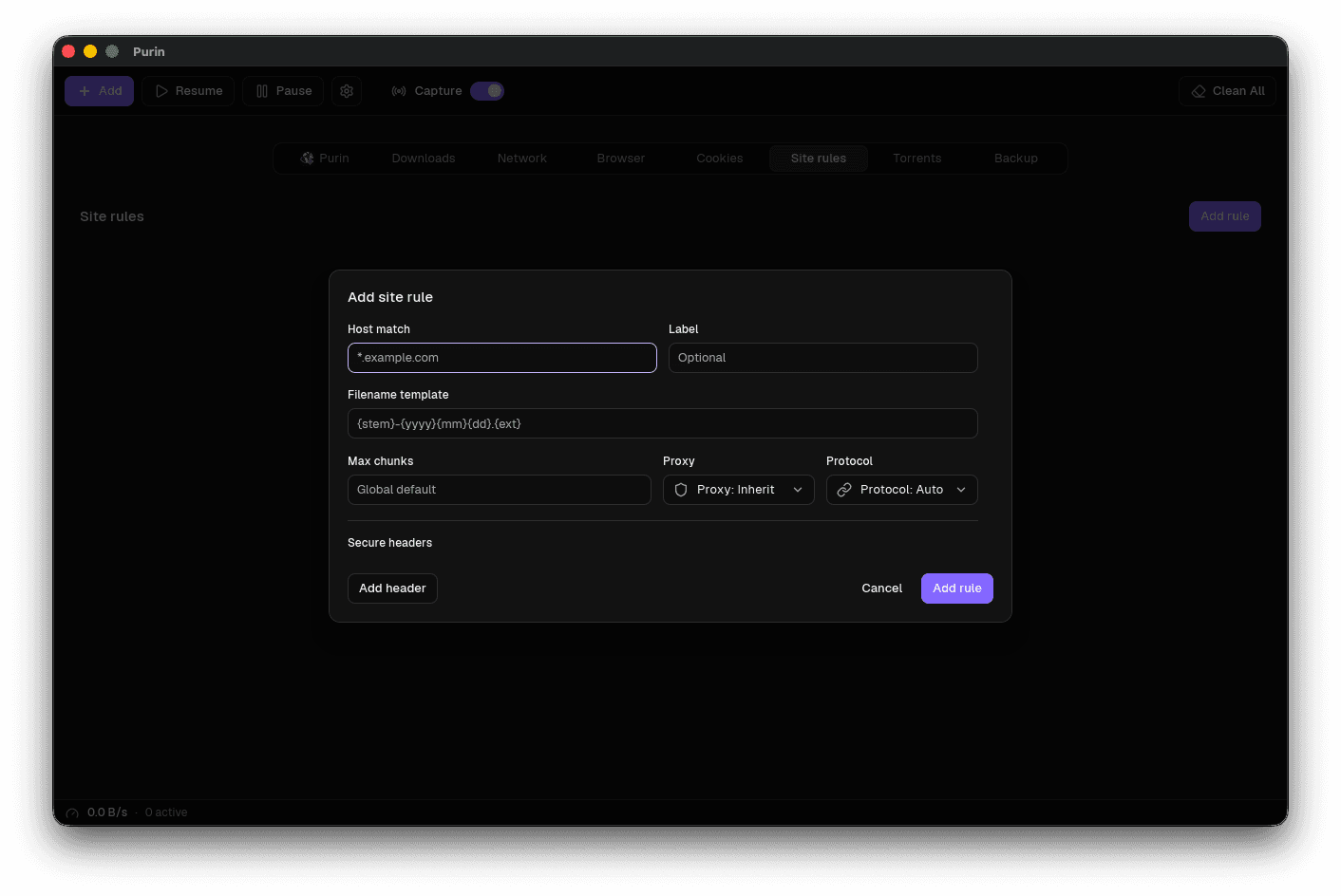 Purin add-site-rule dialog with host match and filename template