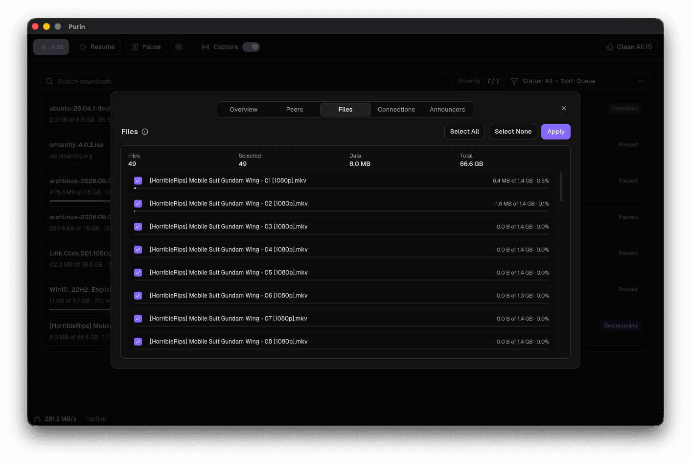 Purin torrent file selection list with per-file progress