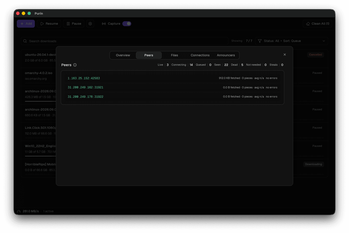 Purin torrent peer pool with per-peer counters