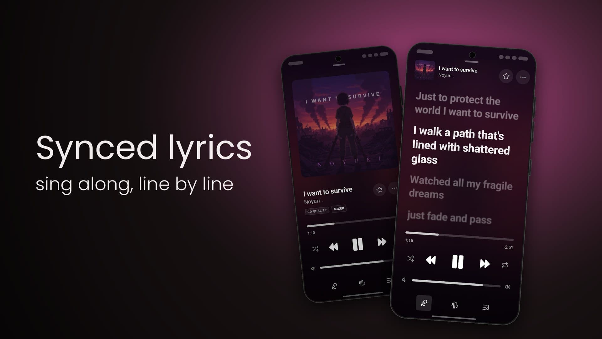 Google Play slide: Synced lyrics — sing along, line by line, beside the Now Playing artwork and the lyrics view