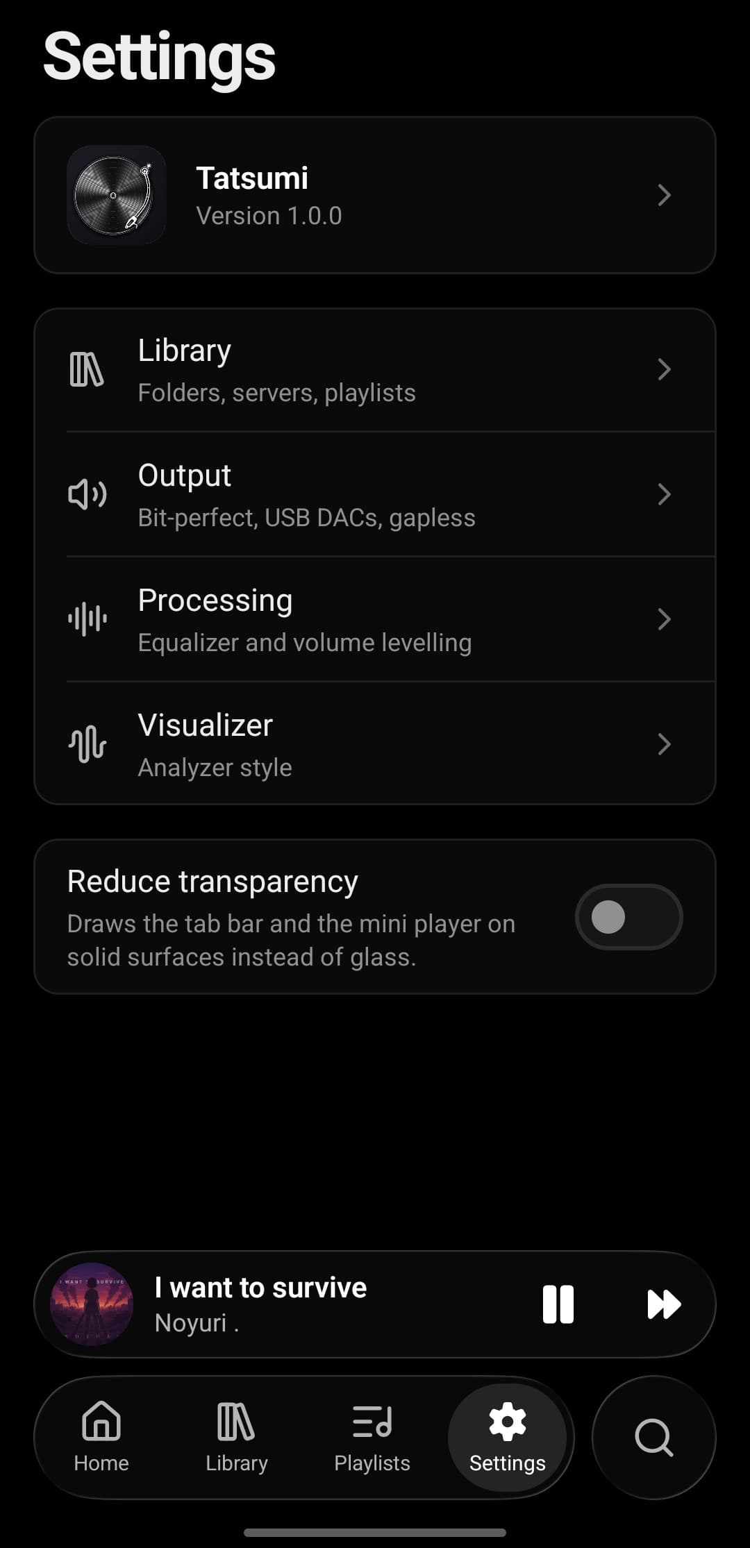 Tatsumi's Settings on Android: Library, Output, Processing and Visualizer sections and a Reduce transparency switch