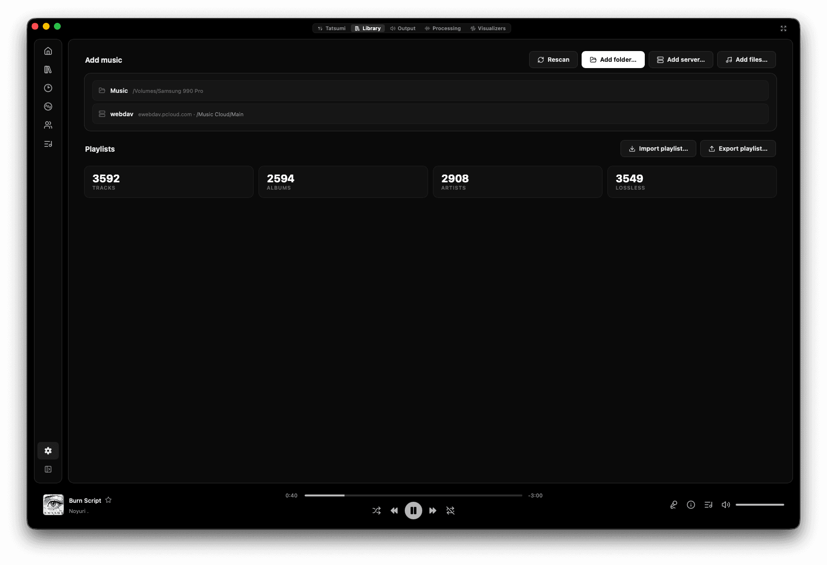 Tatsumi's Library settings: a watched Music folder and a WebDAV server as sources, with rescan, add folder, add server and add files, playlist import and export, and counters reading 3592 tracks, 2594 albums, 2908 artists and 3549 lossless