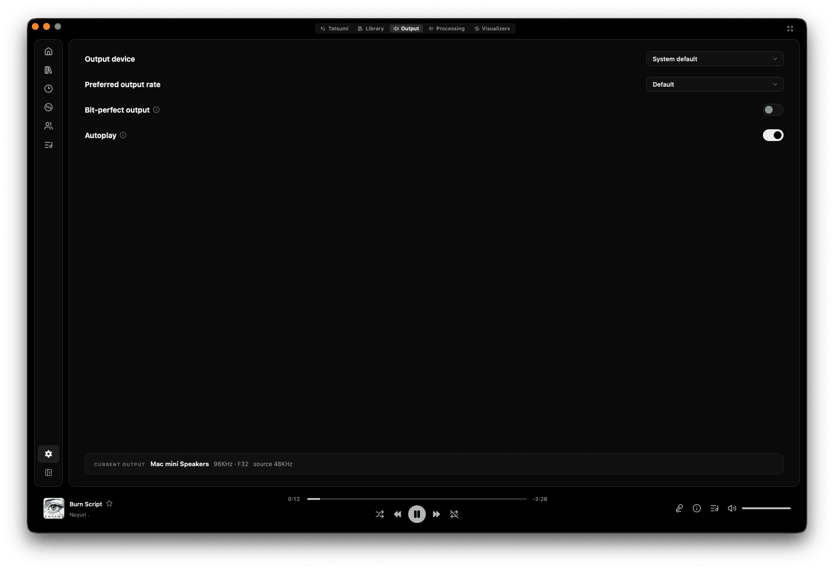 Tatsumi's Output settings: an output device picker, a preferred output rate, a bit-perfect output toggle, an autoplay toggle, and a current-output read-out reading Mac mini Speakers, 96KHz, F32, source 48KHz