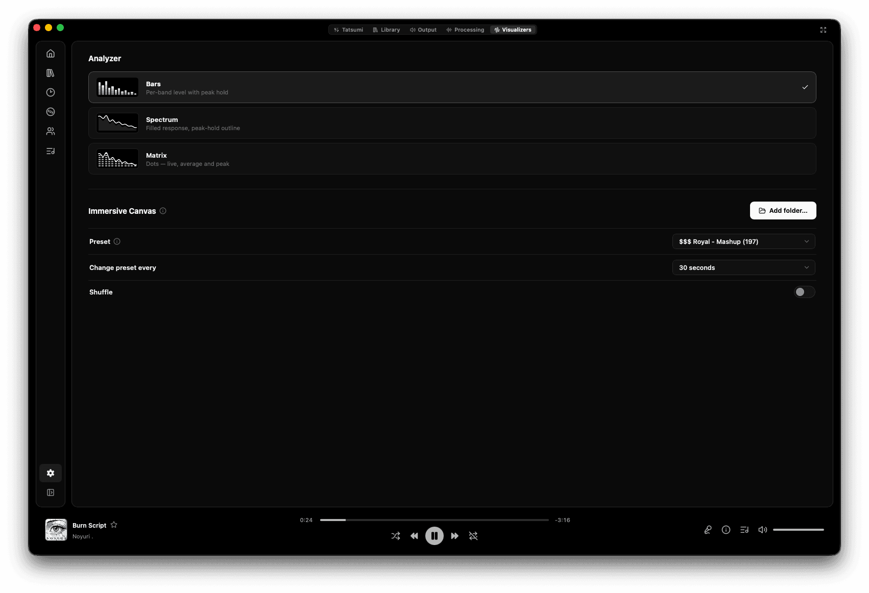 Tatsumi's Visualizers settings: analyzer styles Bars, Spectrum and Matrix with preview thumbnails, and an Immersive Canvas section with a preset picker, a change-preset-every interval and a shuffle toggle