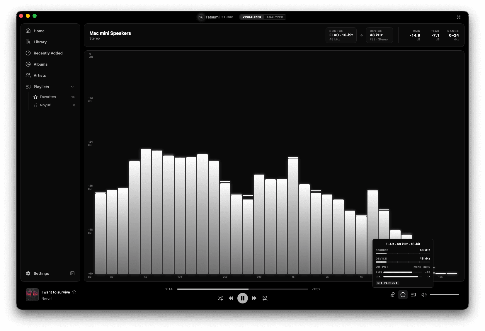 Tatsumi Studio's Bars visualizer over a live read-out of source, device, RMS, peak and range, with a popover showing FLAC 48 kHz 16-bit and a BIT-PERFECT badge