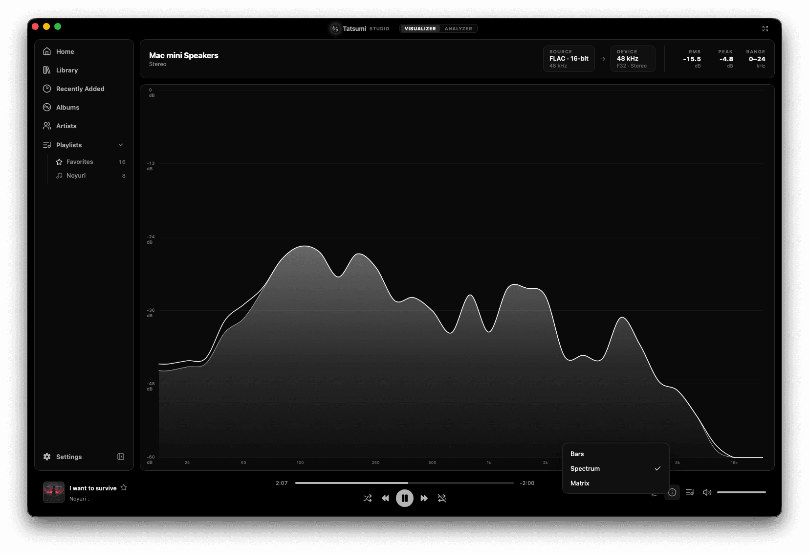 Tatsumi Studio's Spectrum visualizer: a filled frequency response with a peak-hold outline, and the style menu open on Bars, Spectrum and Matrix