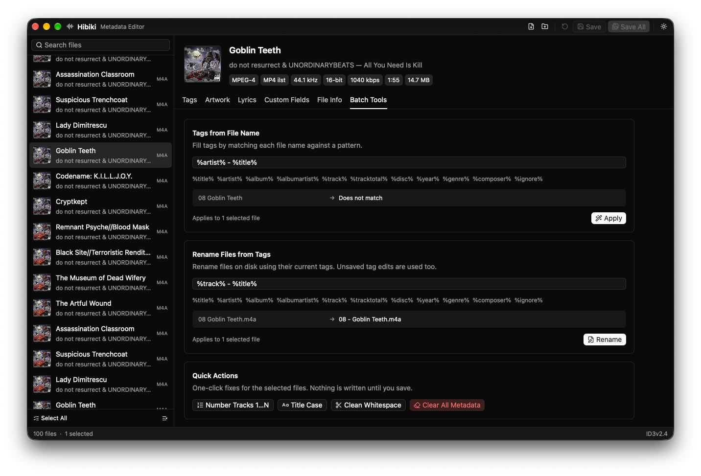 Hibiki's Batch Tools with tags from file name, rename files from tags and quick actions