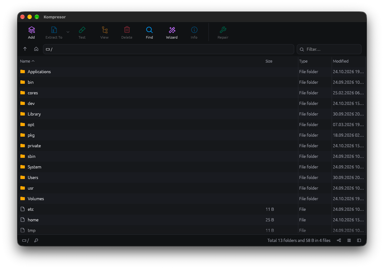Kompresor browsing the root of a disk like a file manager, with a list of folders