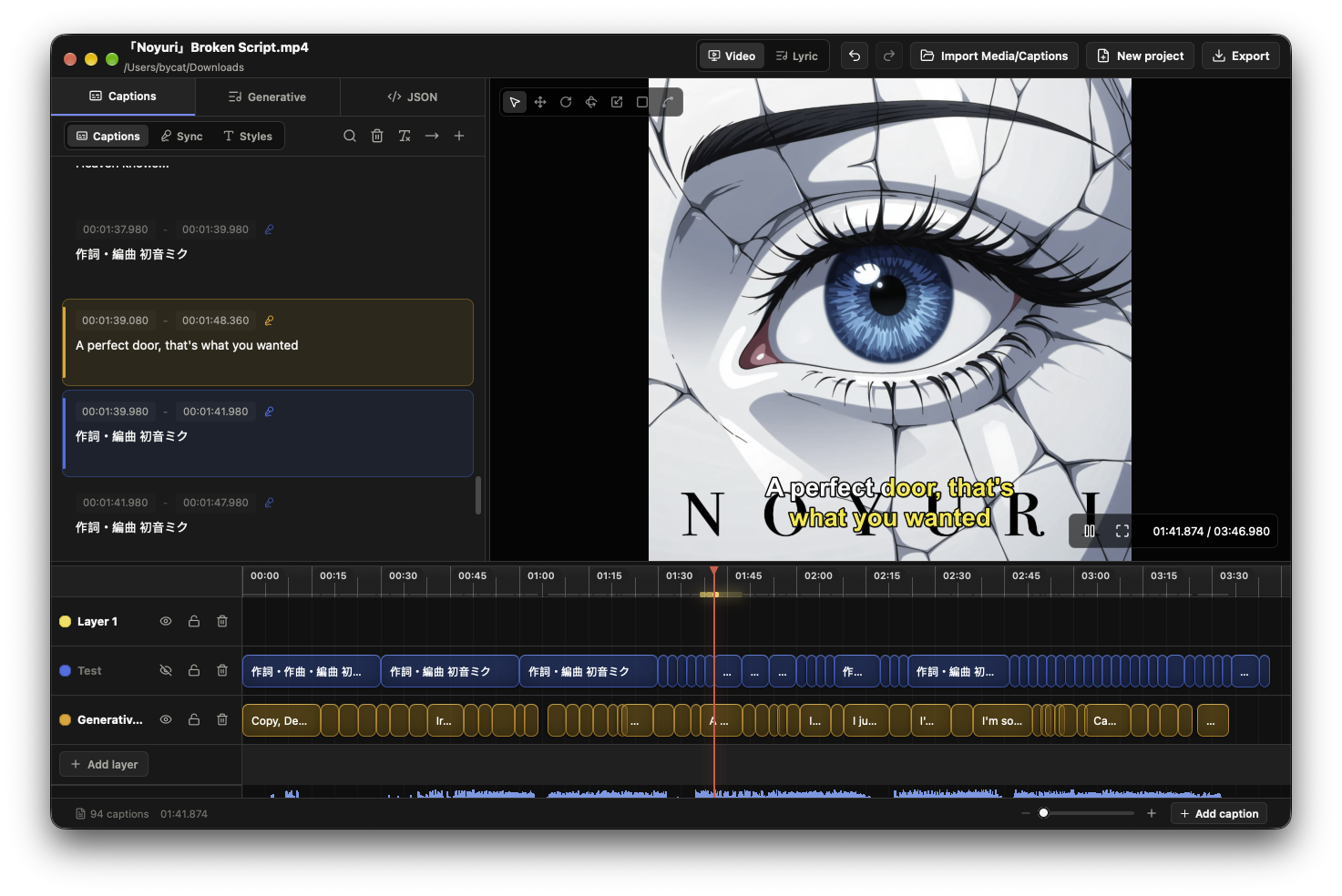 Aidio caption list beside a multi-layer timeline and video preview