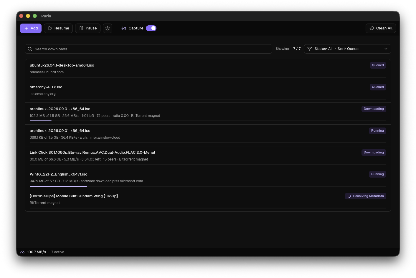 Purin download queue with HTTP and BitTorrent jobs running