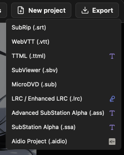 Aidio export menu listing subtitle formats and the Aidio project file