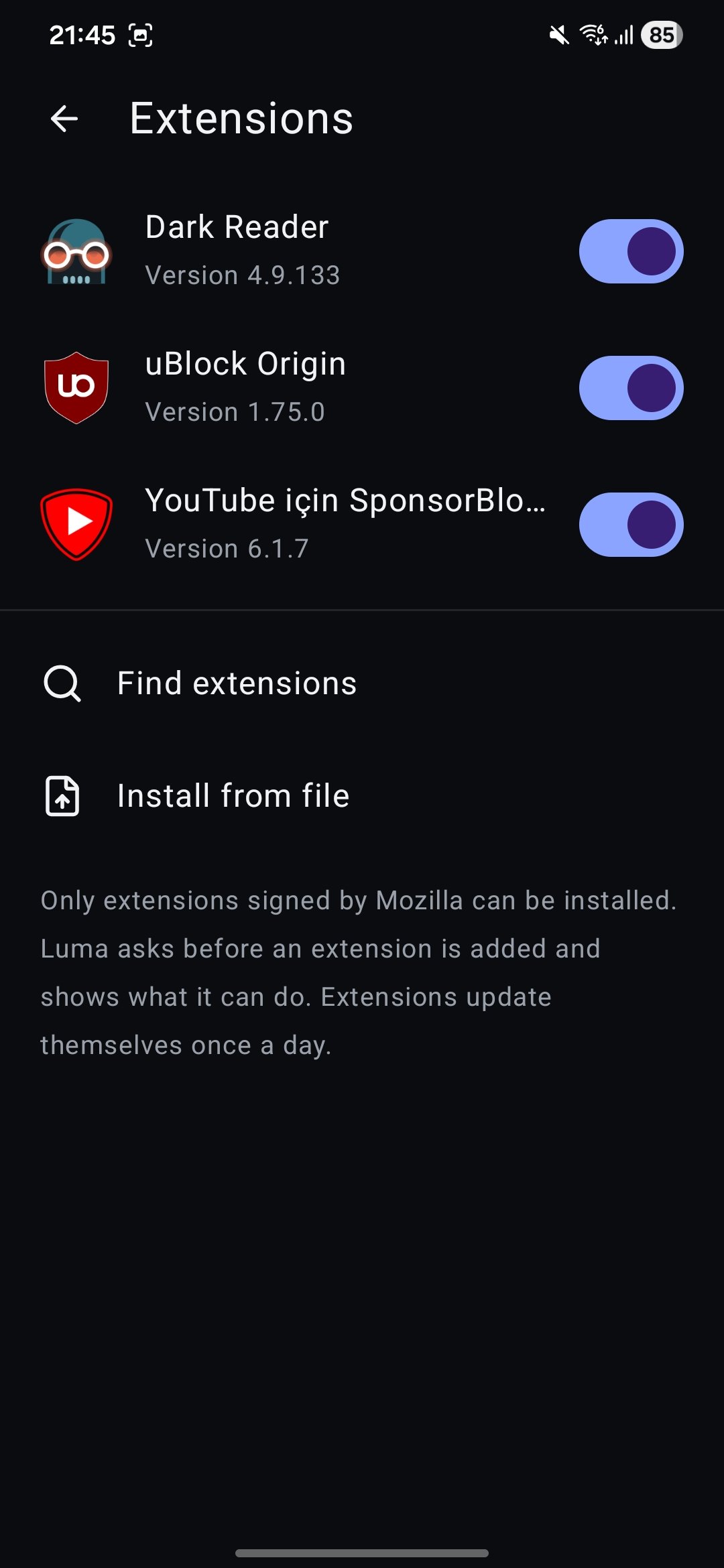 Luma's Extensions screen listing Dark Reader, uBlock Origin and SponsorBlock with switches, plus Find extensions and Install from file