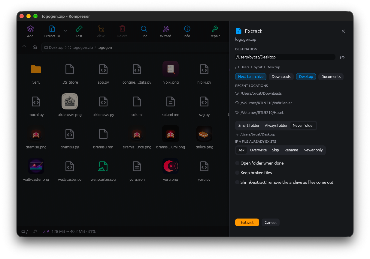 Kompresor's Extract panel with destination, folder and existing file options and a Shrink-extract checkbox that removes the archive as files come out