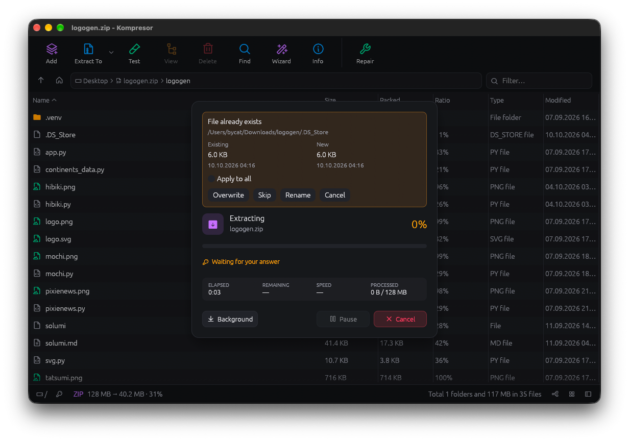 An extraction in progress in Kompresor, asking what to do about a file that already exists, with Pause, Background and Cancel buttons
