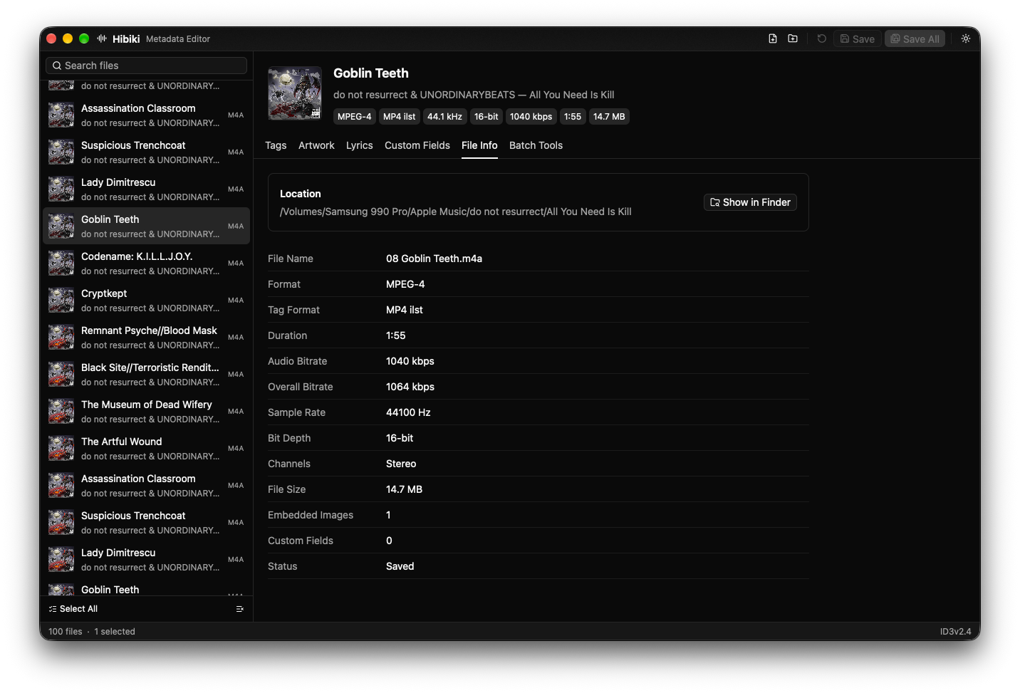 Hibiki's File Info tab listing location, format, duration, bitrate, sample rate, bit depth and channels