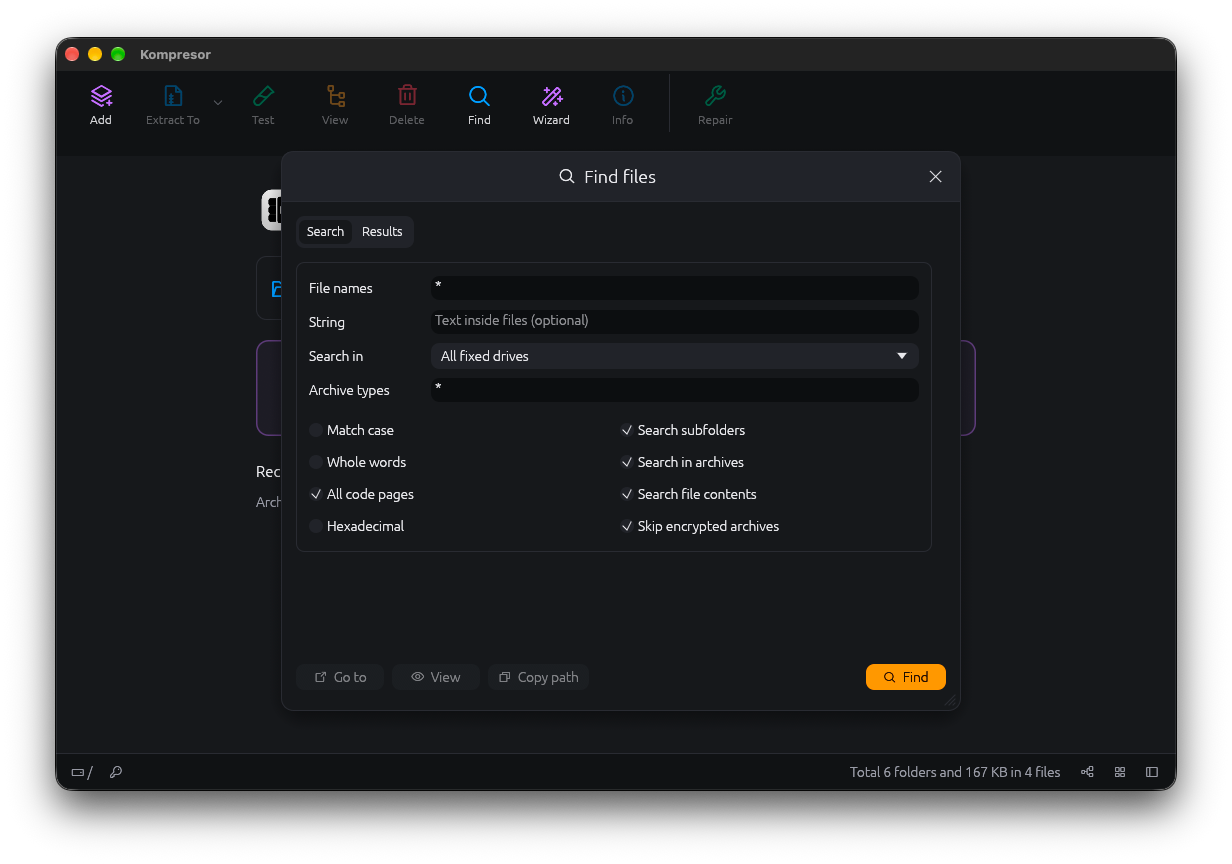 Kompresor's Find files window with file name, text and archive type fields and options such as search in archives