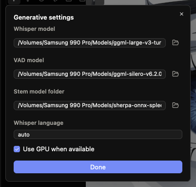 Aidio generative settings with Whisper, VAD and stem model paths