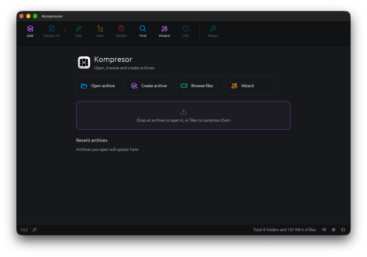 Kompresor's start screen with Open archive, Create archive, Browse files and Wizard buttons, a drop area and an empty recent archives list