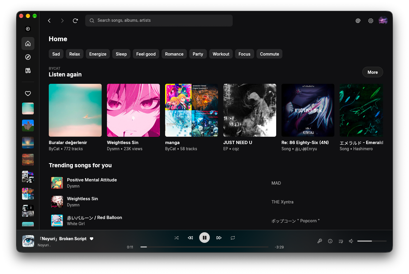 Yoru's Home screen with mood chips, a Listen again row of albums and playlists, trending songs and the player bar
