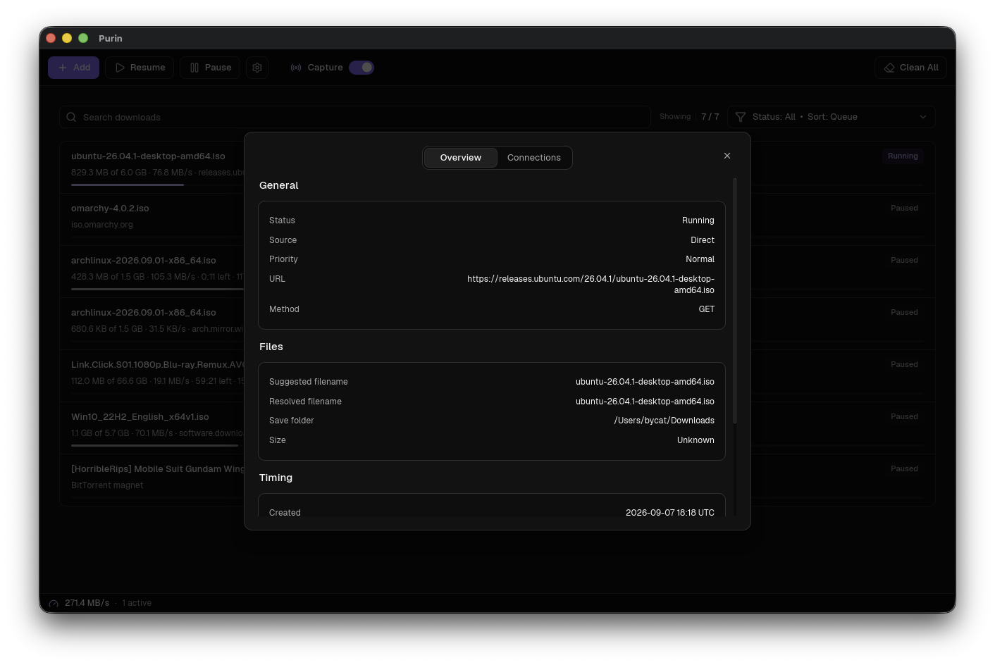 Purin job overview panel with general, files and timing details
