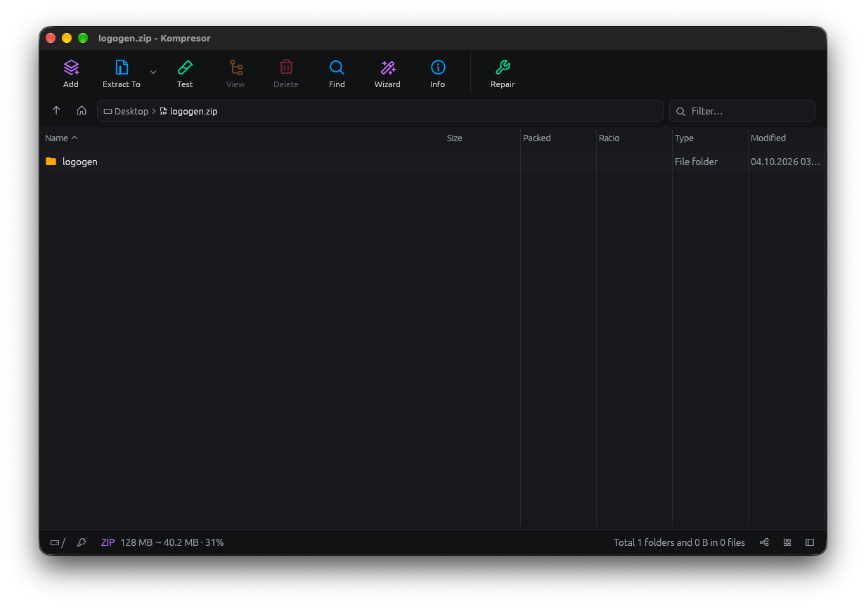 A ZIP file opened in Kompresor, showing a single logogen folder inside it