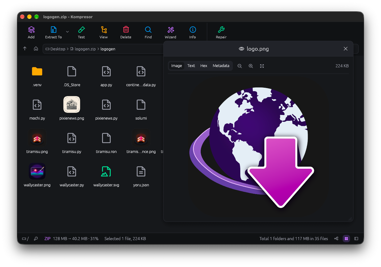 Kompresor's preview of an image inside a ZIP, with Image, Text, Hex and Metadata tabs and zoom controls