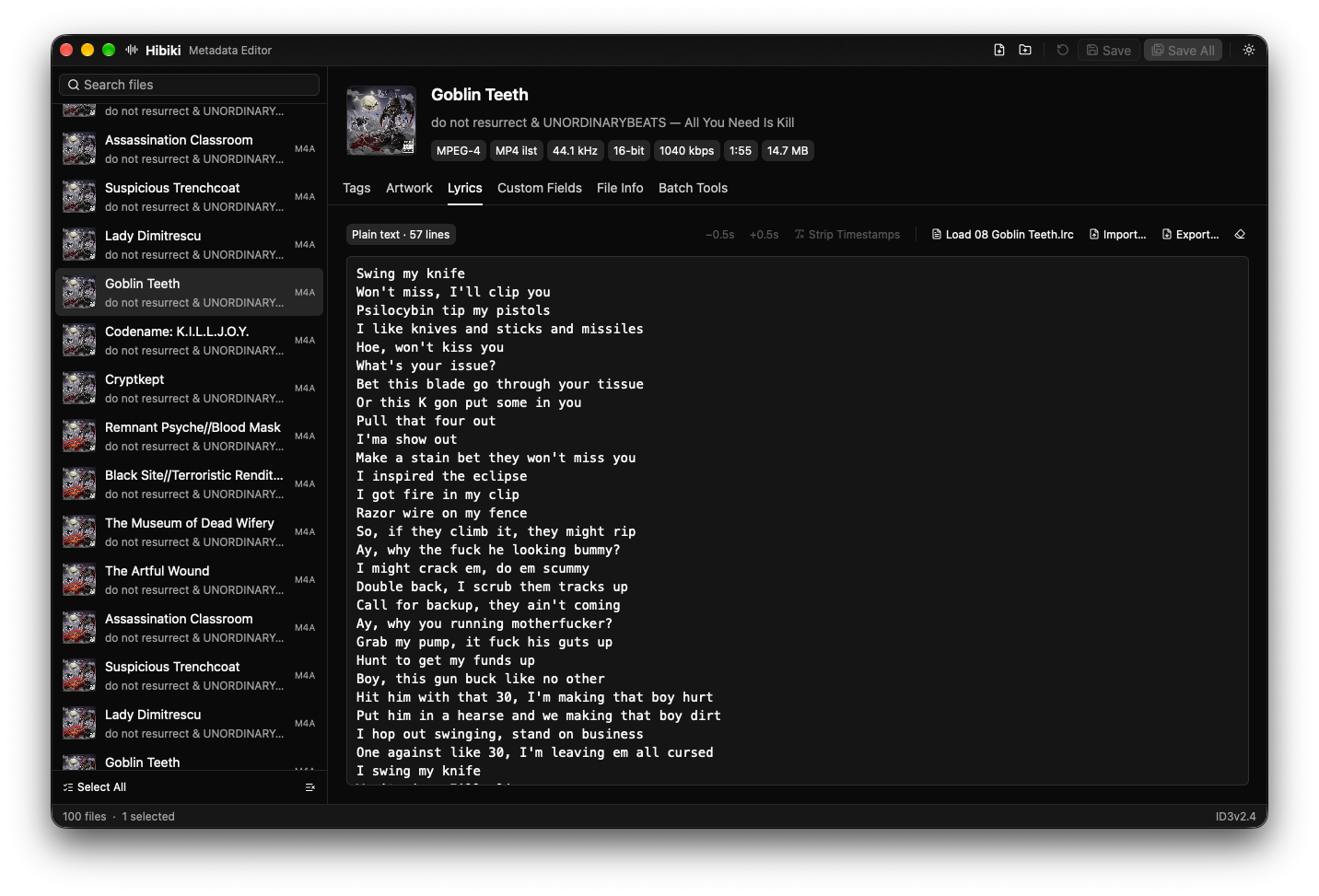 Hibiki's Lyrics tab with plain-text lyrics, timestamp shift buttons and options to load, import and export .lrc files
