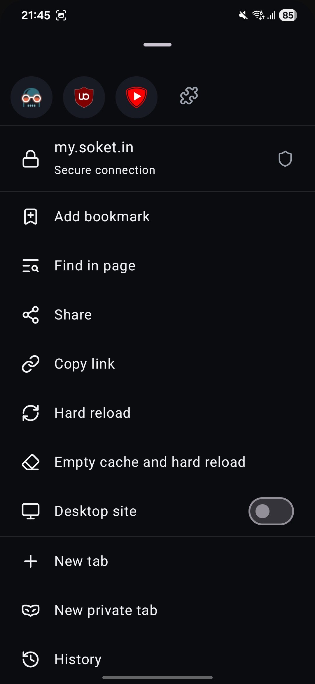 Luma's page menu: installed extension shortcuts, a secure connection indicator, then add bookmark, find in page, share, copy link, hard reload, desktop site, new tab and new private tab