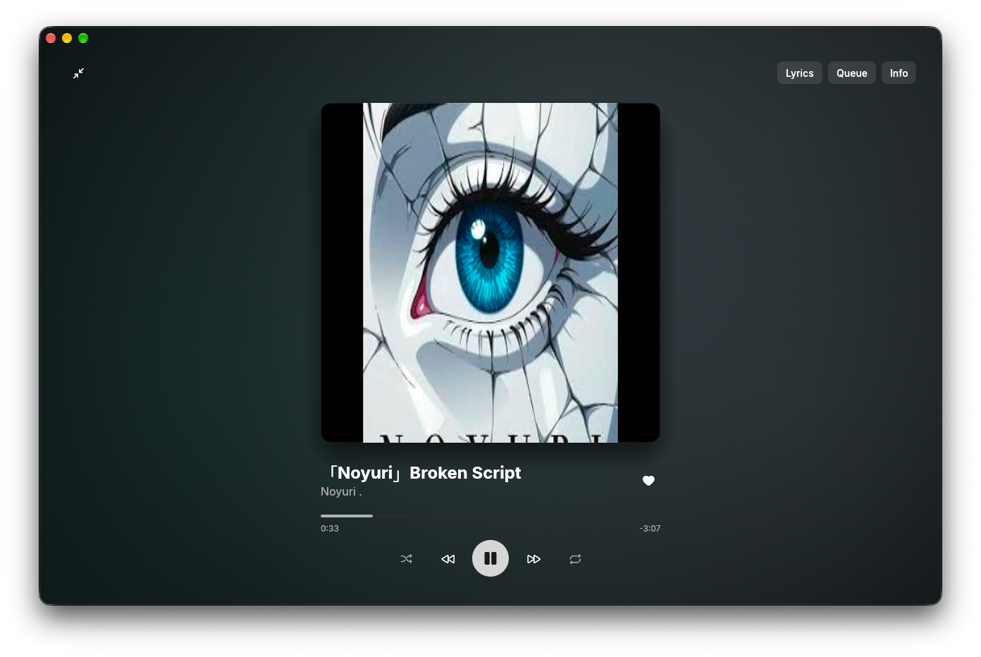 Yoru's immersive player showing cover art, title, progress and playback controls, with Lyrics, Queue and Info buttons