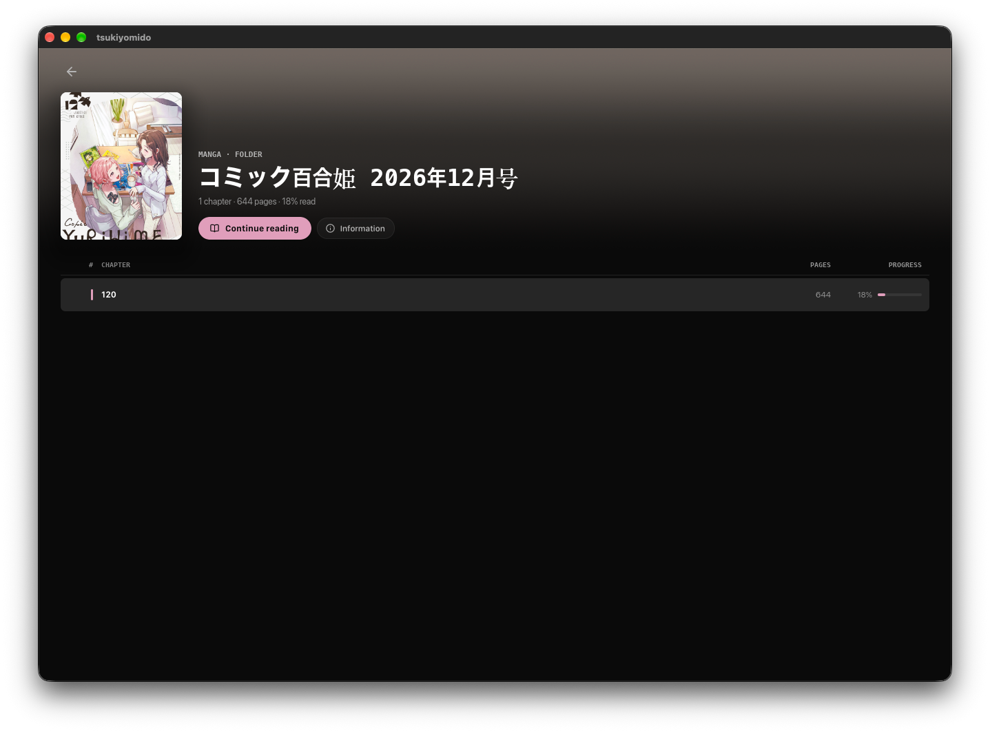 A manga in Tsukiyomido with its cover, chapter list, 18% progress and a Continue reading button