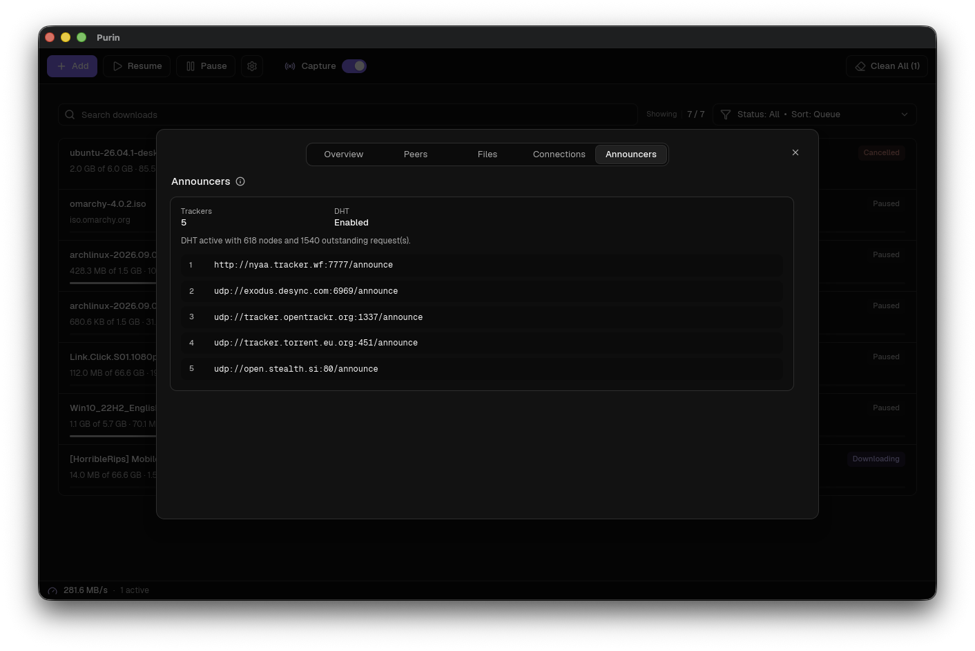Purin torrent announcers tab listing trackers and DHT status