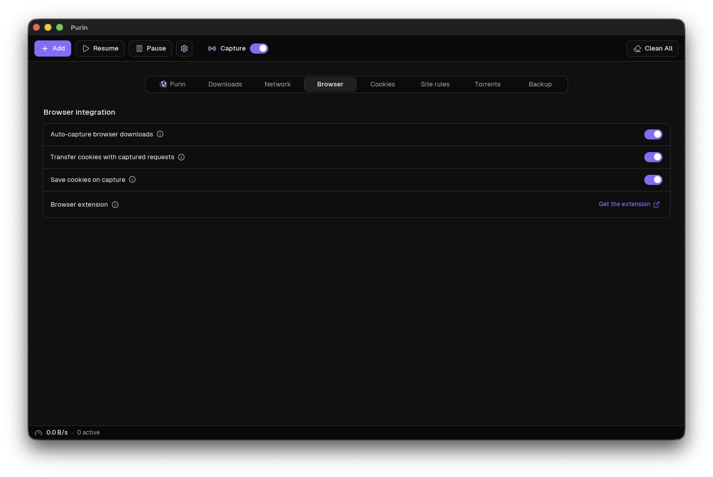 Purin browser integration settings with auto-capture enabled