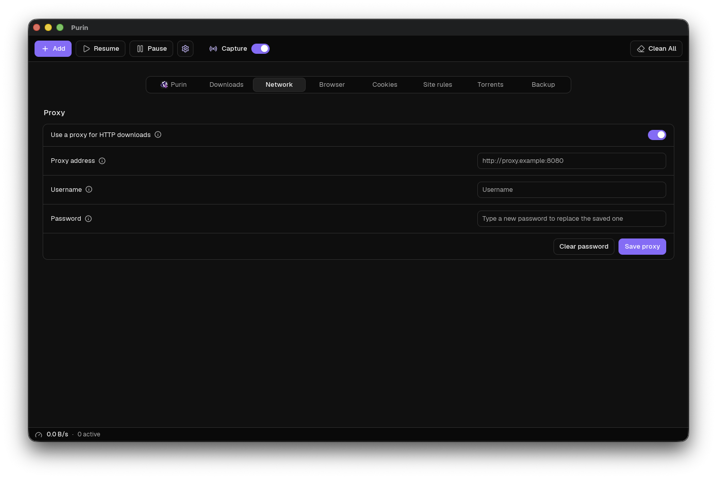 Purin network and proxy settings