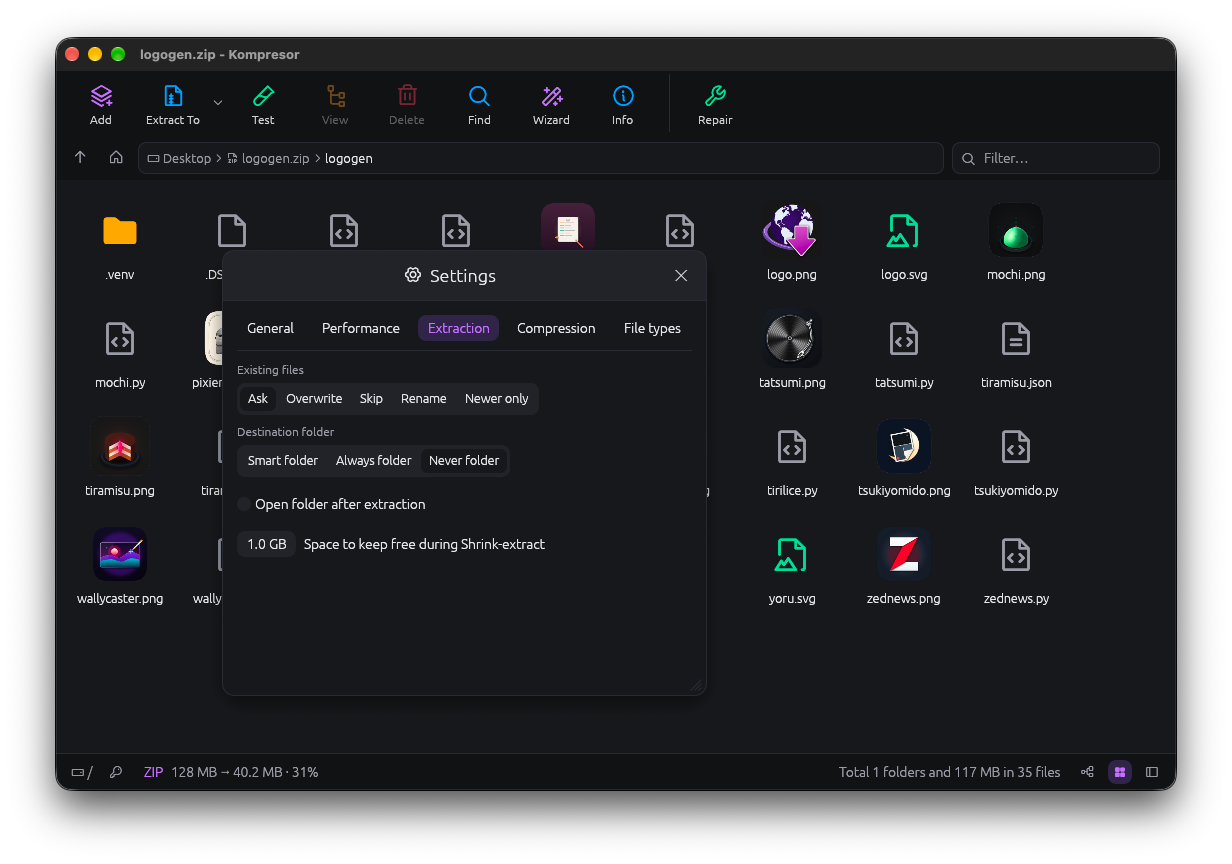 Kompresor's Settings on the Extraction tab, with existing file behaviour, destination folder mode and a free-space limit for shrink-extract