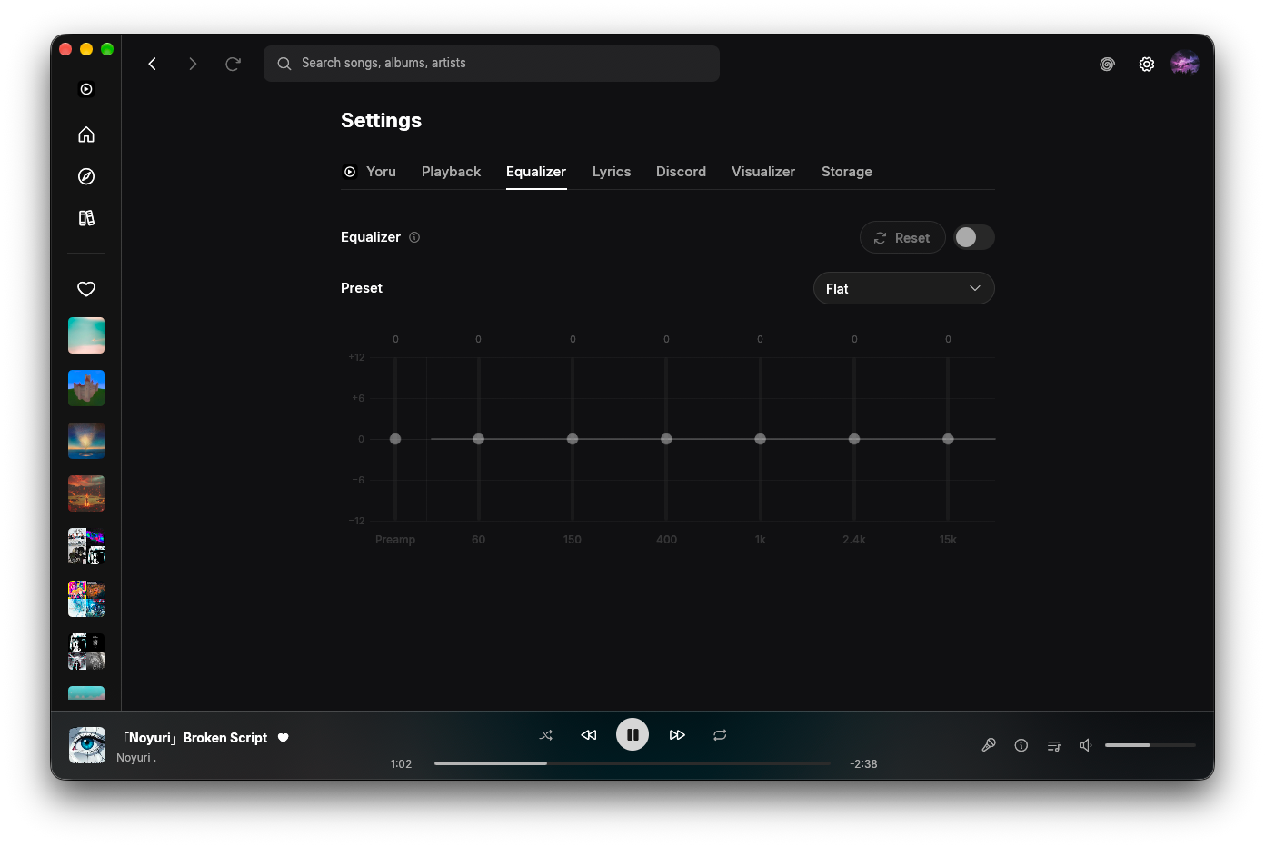 Yoru's Equalizer settings with a preset menu and seven-band sliders