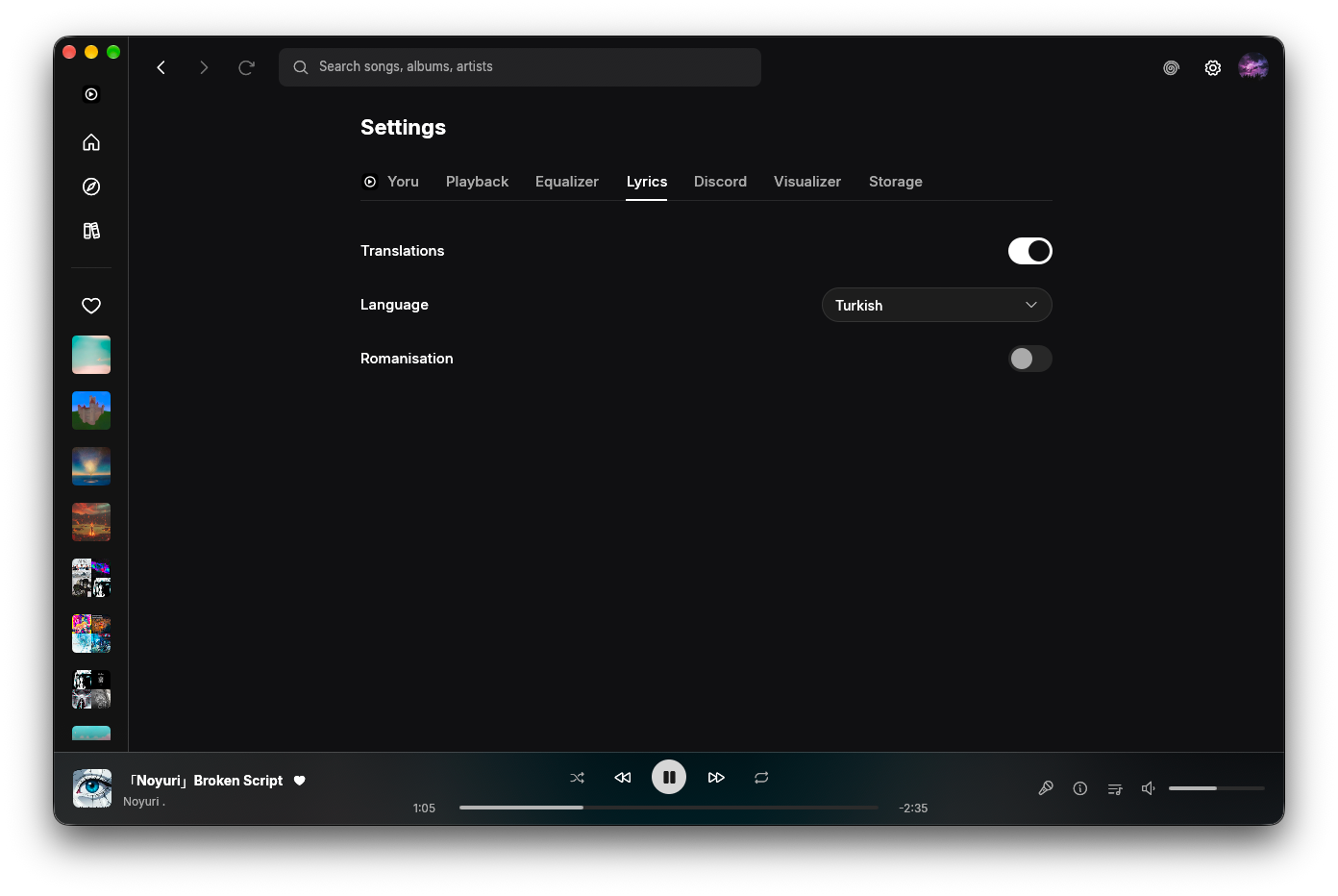 Yoru's Lyrics settings with translations, language and romanisation options